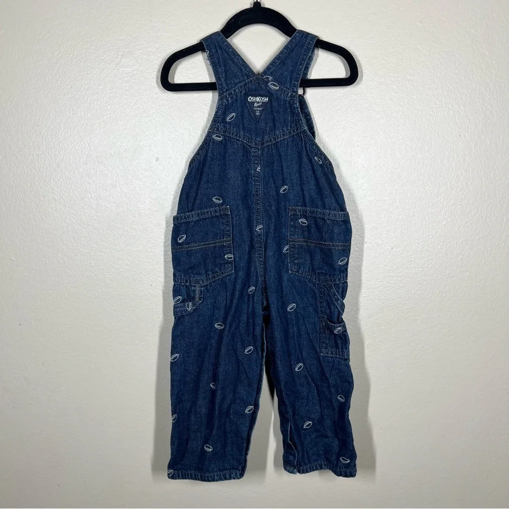 OshKosh B’gosh Toddler Football Embroidered Denim Overalls Size 24M Cotton